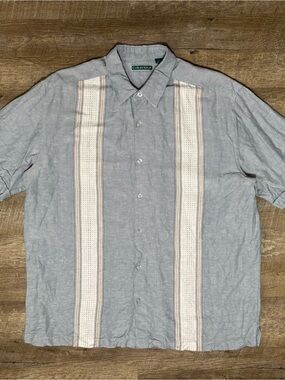 Cubavera Button Up Linen Shirt Men's L Blue Pattern Pleated
